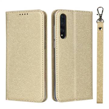 Ultra Slim Magnetic Automatic Suction Silk Lanyard Leather Flip Cover for Huawei P20 Pro - Golden