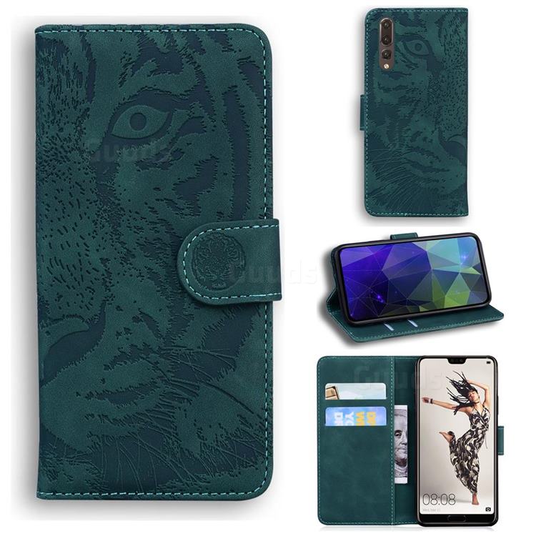 Intricate Embossing Tiger Face Leather Wallet Case for Huawei P20 Pro - Green