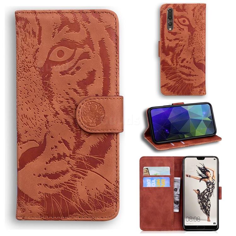 Intricate Embossing Tiger Face Leather Wallet Case for Huawei P20 Pro - Brown