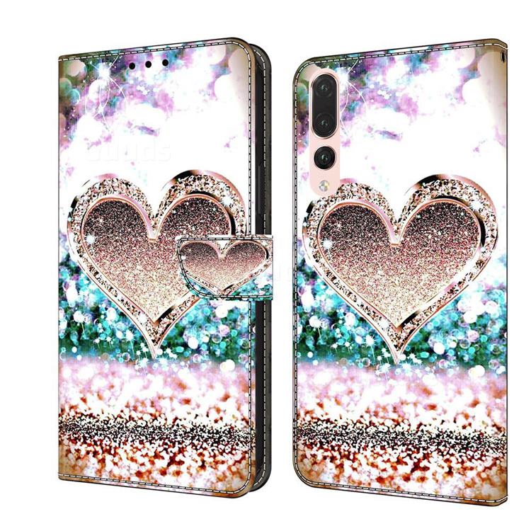 Pink Diamond Heart Crystal PU Leather Protective Wallet Case Cover for Huawei P20 Pro