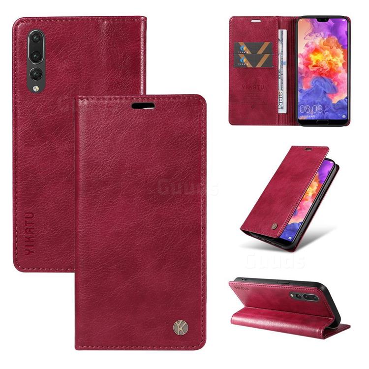 YIKATU Litchi Card Magnetic Automatic Suction Leather Flip Cover for Huawei P20 Pro - Wine Red