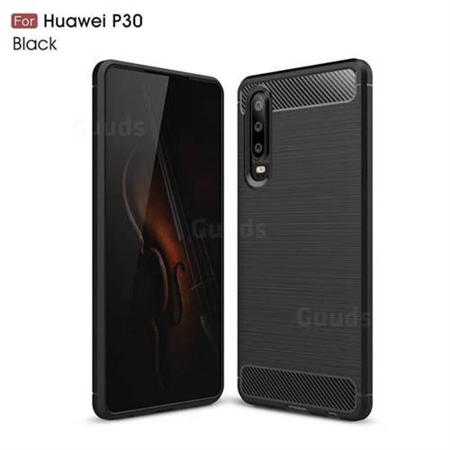 Luxury Carbon Fiber Brushed Wire Drawing Silicone TPU Back Cover for Huawei P30 - Black