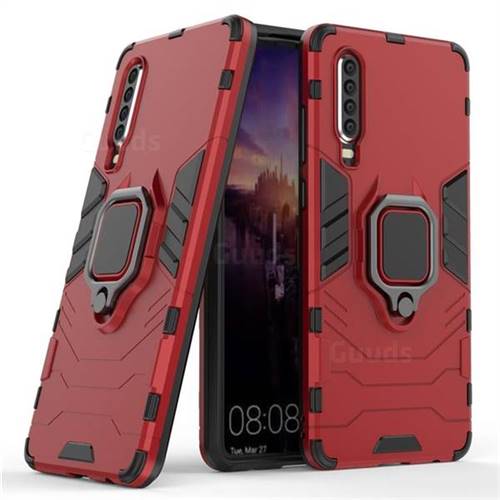 Black Panther Armor Metal Ring Grip Shockproof Dual Layer Rugged Hard Cover for Huawei P30 - Red