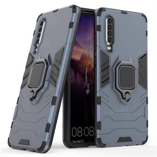 Black Panther Armor Metal Ring Grip Shockproof Dual Layer Rugged Hard Cover for Huawei P30 - Blue