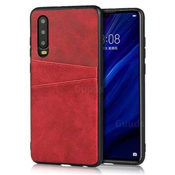 Simple Calf Card Slots Mobile Phone Back Cover for Huawei P30 - Red