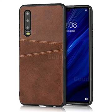 Simple Calf Card Slots Mobile Phone Back Cover for Huawei P30 - Coffee