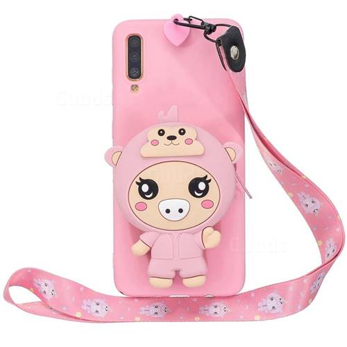 Pink Pig Neck Lanyard Zipper Wallet Silicone Case for Huawei P30