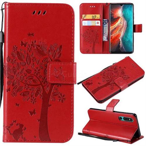 Embossing Butterfly Tree Leather Wallet Case for Huawei P30 - Red