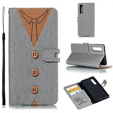 Mens Button Clothing Style Leather Wallet Phone Case for Huawei P30 - Gray