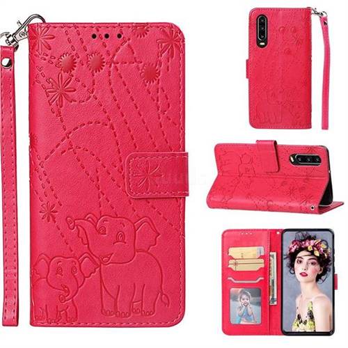 Embossing Fireworks Elephant Leather Wallet Case for Huawei P30 - Red