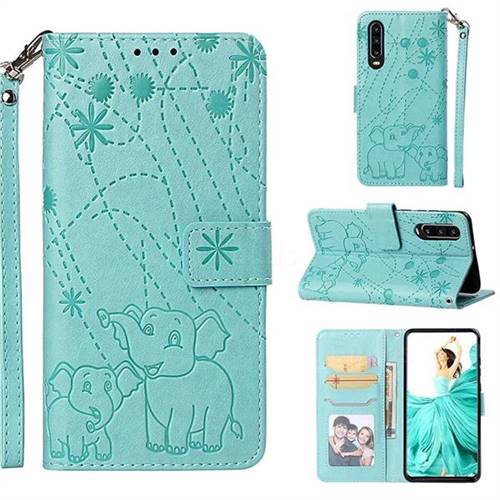 Embossing Fireworks Elephant Leather Wallet Case for Huawei P30 - Green