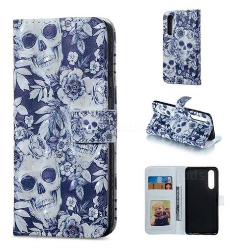Skull Flower 3D Painted Leather Phone Wallet Case for Huawei P30