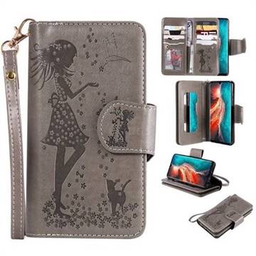 Embossing Cat Girl 9 Card Leather Wallet Case for Huawei P30 - Gray