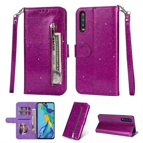Glitter Shine Leather Zipper Wallet Phone Case for Huawei P30 - Purple