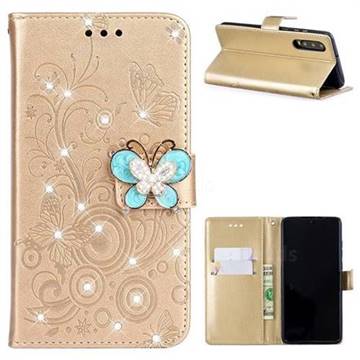 Embossing Butterfly Circle Rhinestone Leather Wallet Case for Huawei P30 - Champagne