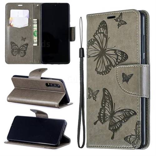 Embossing Double Butterfly Leather Wallet Case for Huawei P30 - Gray