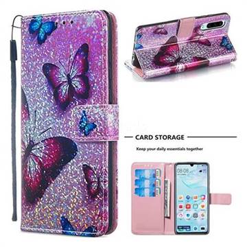 Blue Butterfly Sequins Painted Leather Wallet Case for Huawei P30