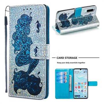 Mermaid Seahorse Sequins Painted Leather Wallet Case for Huawei P30