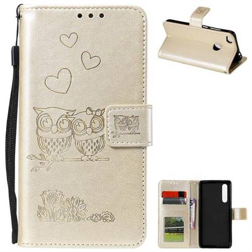 Embossing Owl Couple Flower Leather Wallet Case for Huawei P30 - Golden