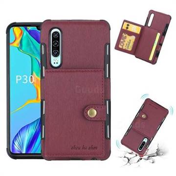 Brush Multi-function Leather Phone Case for Huawei P30 - Wine Red