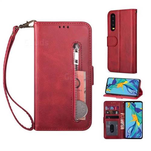 Retro Calfskin Zipper Leather Wallet Case Cover for Huawei P30 - Red