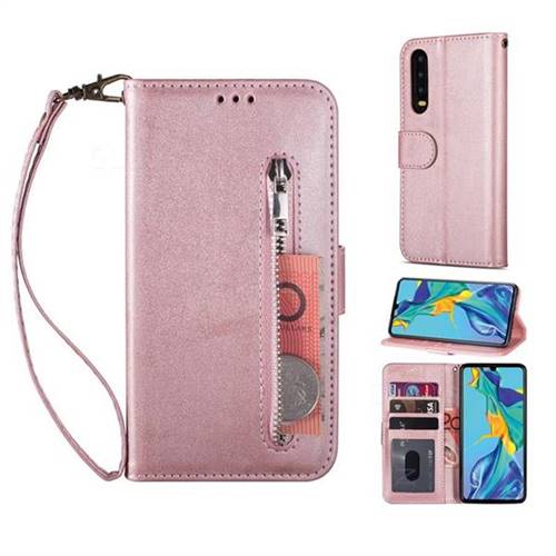 Retro Calfskin Zipper Leather Wallet Case Cover for Huawei P30 - Rose Gold