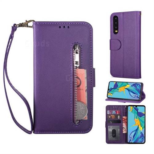 Retro Calfskin Zipper Leather Wallet Case Cover for Huawei P30 - Purple