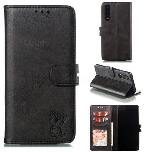 Embossing Happy Cat Leather Wallet Case for Huawei P30 - Black