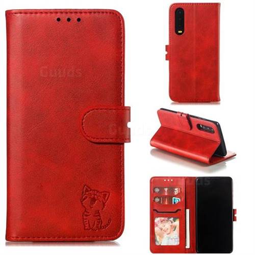 Embossing Happy Cat Leather Wallet Case for Huawei P30 - Red