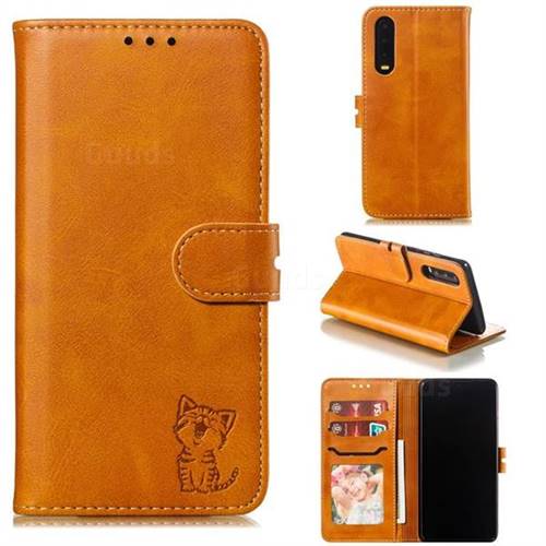 Embossing Happy Cat Leather Wallet Case for Huawei P30 - Yellow