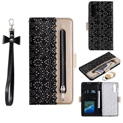Luxury Lace Zipper Stitching Leather Phone Wallet Case for Huawei P30 - Black