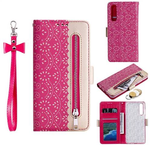 Luxury Lace Zipper Stitching Leather Phone Wallet Case for Huawei P30 - Rose