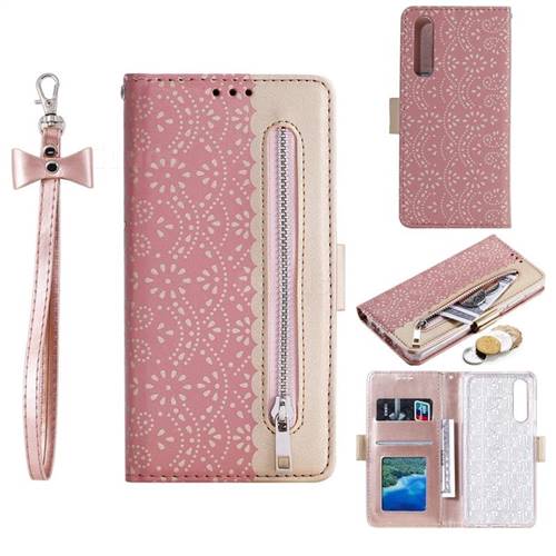 Luxury Lace Zipper Stitching Leather Phone Wallet Case for Huawei P30 - Pink