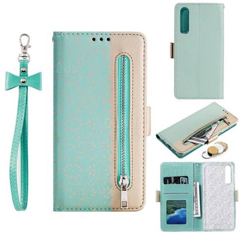 Luxury Lace Zipper Stitching Leather Phone Wallet Case for Huawei P30 - Green