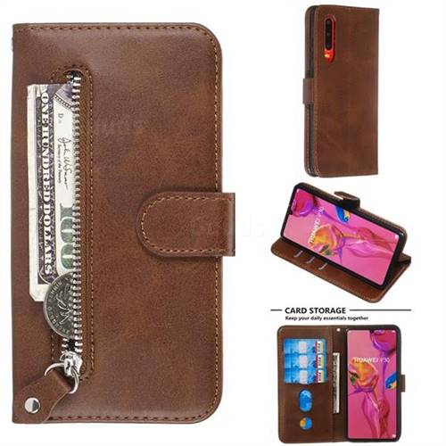 Retro Luxury Zipper Leather Phone Wallet Case for Huawei P30 - Brown