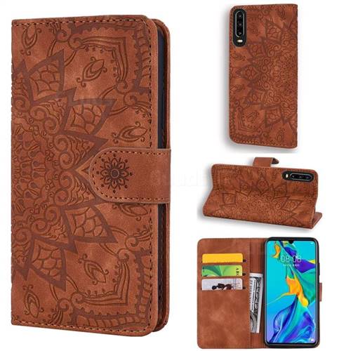 Retro Embossing Mandala Flower Leather Wallet Case for Huawei P30 - Brown
