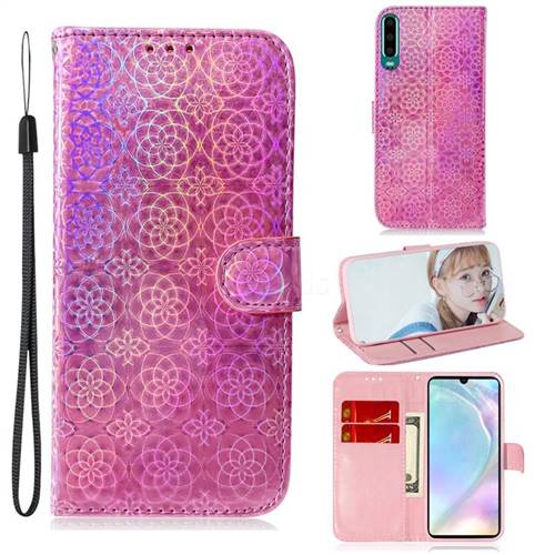 Laser Circle Shining Leather Wallet Phone Case for Huawei P30 - Pink