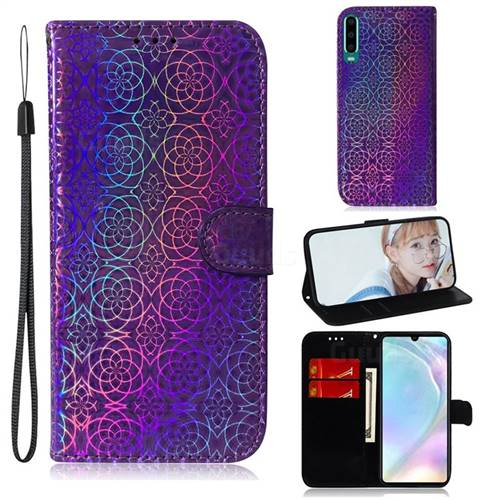 Laser Circle Shining Leather Wallet Phone Case for Huawei P30 - Purple