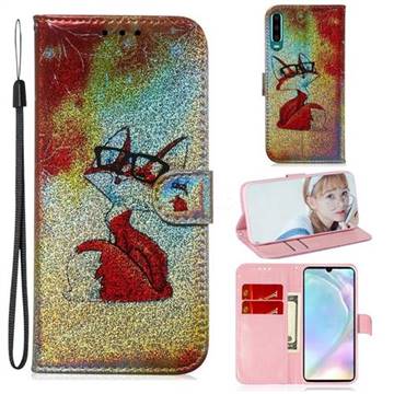Glasses Fox Laser Shining Leather Wallet Phone Case for Huawei P30