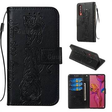 Embossing Tiger and Cat Leather Wallet Case for Huawei P30 - Black