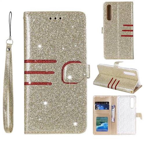 Retro Stitching Glitter Leather Wallet Phone Case for Huawei P30 - Golden