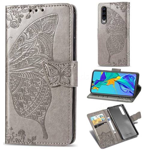Embossing Mandala Flower Butterfly Leather Wallet Case for Huawei P30 - Gray