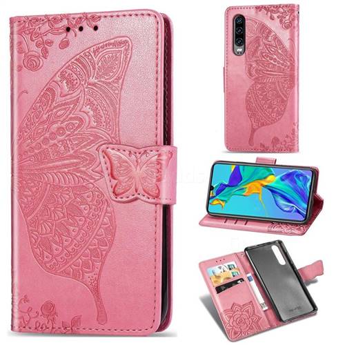 Embossing Mandala Flower Butterfly Leather Wallet Case for Huawei P30 - Pink