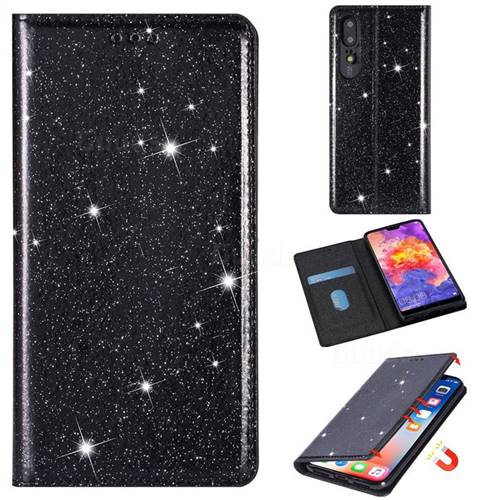 Ultra Slim Glitter Powder Magnetic Automatic Suction Leather Wallet Case for Huawei P30 - Black