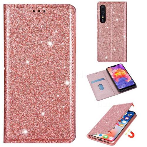 Ultra Slim Glitter Powder Magnetic Automatic Suction Leather Wallet Case for Huawei P30 - Rose Gold