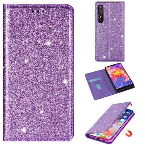 Ultra Slim Glitter Powder Magnetic Automatic Suction Leather Wallet Case for Huawei P30 - Purple