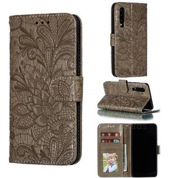 Intricate Embossing Lace Jasmine Flower Leather Wallet Case for Huawei P30 - Gray