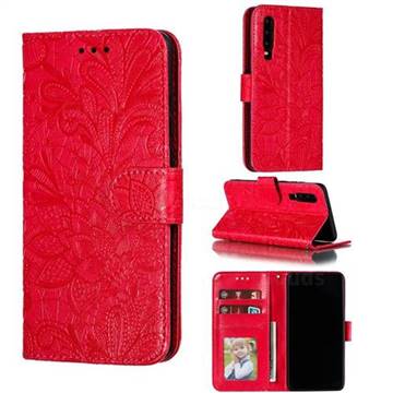 Intricate Embossing Lace Jasmine Flower Leather Wallet Case for Huawei P30 - Red