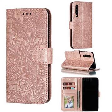 Intricate Embossing Lace Jasmine Flower Leather Wallet Case for Huawei P30 - Rose Gold