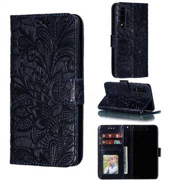 Intricate Embossing Lace Jasmine Flower Leather Wallet Case for Huawei P30 - Dark Blue